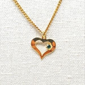Vtg AVON Gold Heart Birthstone Necklace May Green Rhinestone